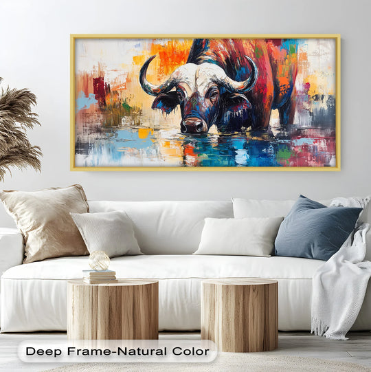 Soft reflections ripple gently, complementing the bold brushstrokes of this water buffalo oil painting home decor piece depicting a river's edge scene in vibrant hues.