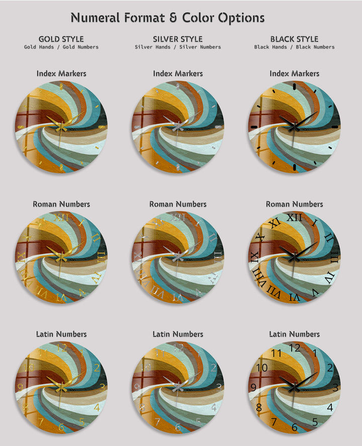 Retro Wave Glass Wall Clock – Teal and Mustard Abstract Decor
