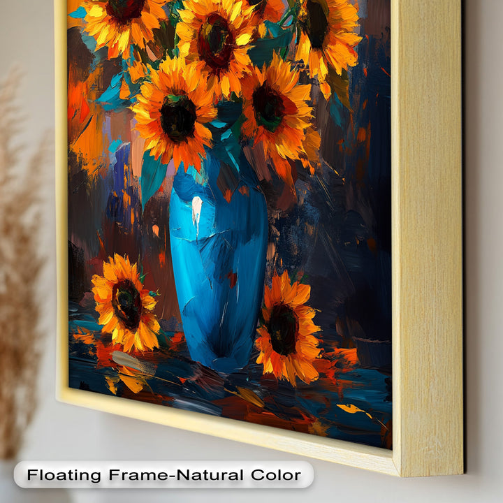 Sunlit Joy – Bold Sunflowers in Blue Vase Oil Painting