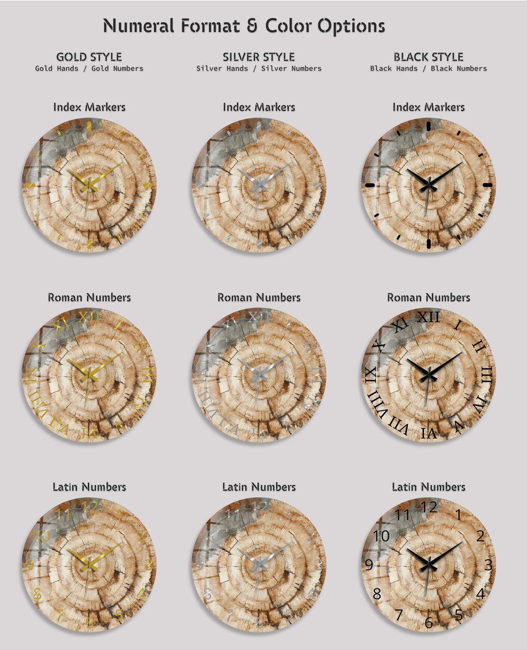 Tree Ring Glass Wall Clock – Rustic Wood Grain Decor