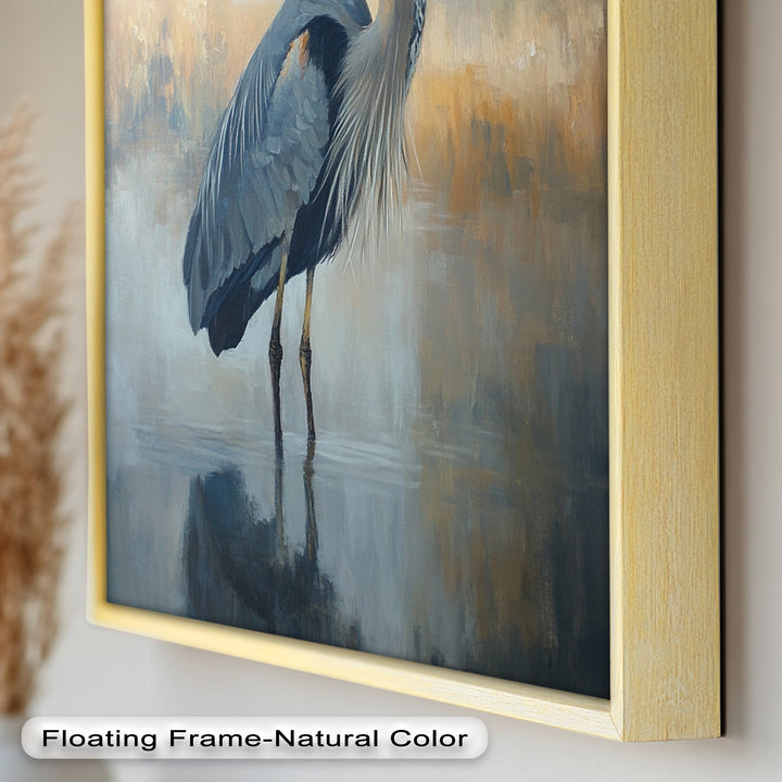 Heron in Misty Marshland - Framed Oil Painting