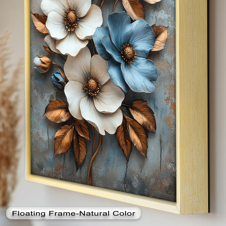 Gilded Petals – Luxuriöses Ölgemälde mit weißen und blauen Blumen