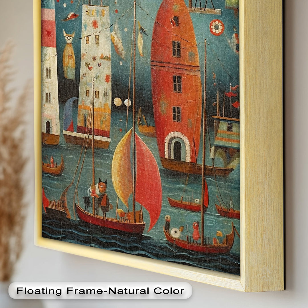 Moonlit Harbor Parade – Surreal Cat and Owl Fantasy Oil Painting