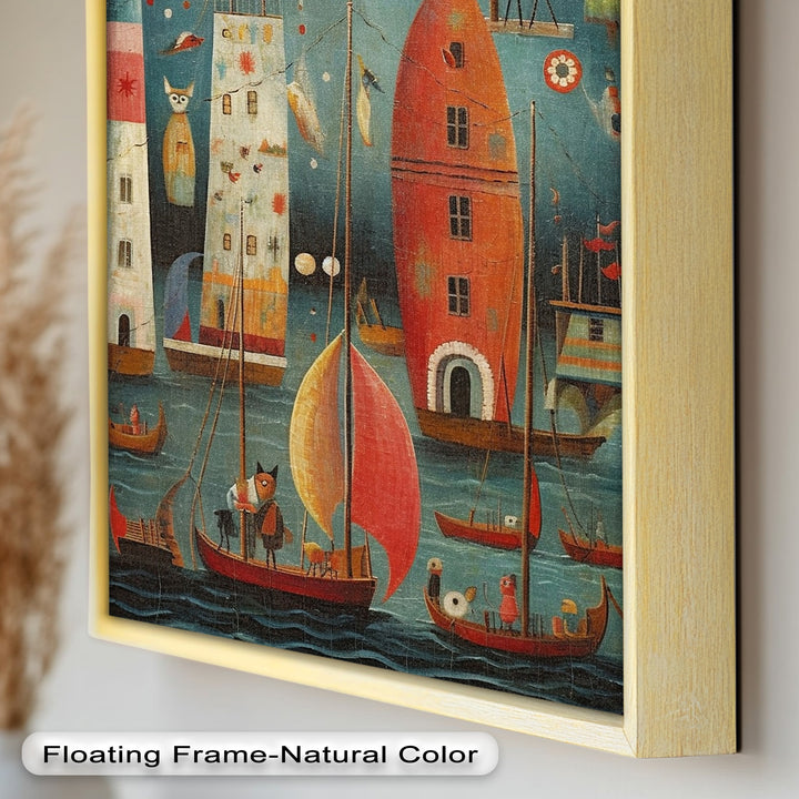 Moonlit Harbor Parade – Surreal Cat and Owl Fantasy Oil Painting