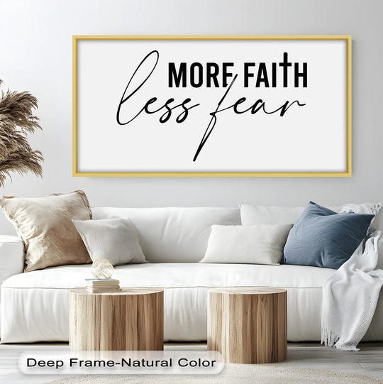 Flowing calligraphy in this modern oil painting art suggests the serene movement of faith over fear, enhanced by a deeply framed design.