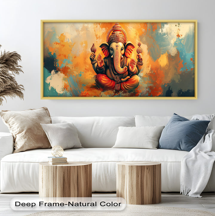 An artistic portrayal of the Hindu deity Ganesha in vibrant traditional attire, with hands raised in a gesture of peace and protection.
