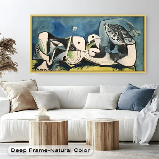 A close view showcases the deep frame and natural color of the modern oil painting art featuring Picasso's 'Resting in Abstraction – Reclining Figure'.