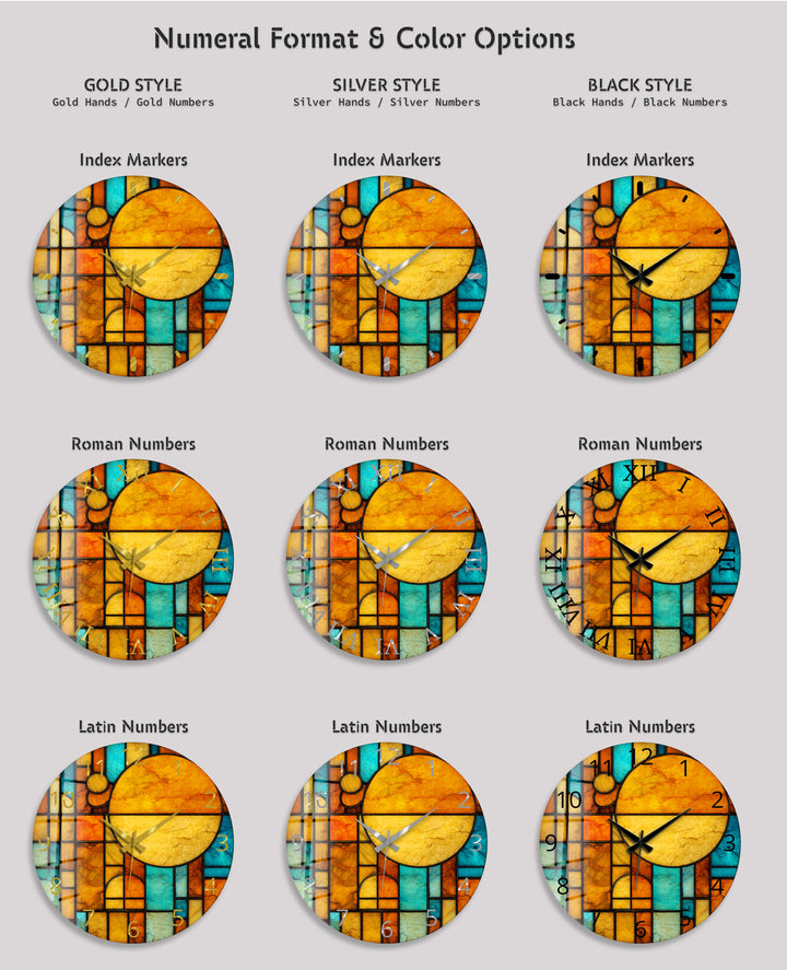 Orangefarbene und blaugrüne Glaswanduhr – geometrische Retro-Sonnenkunst