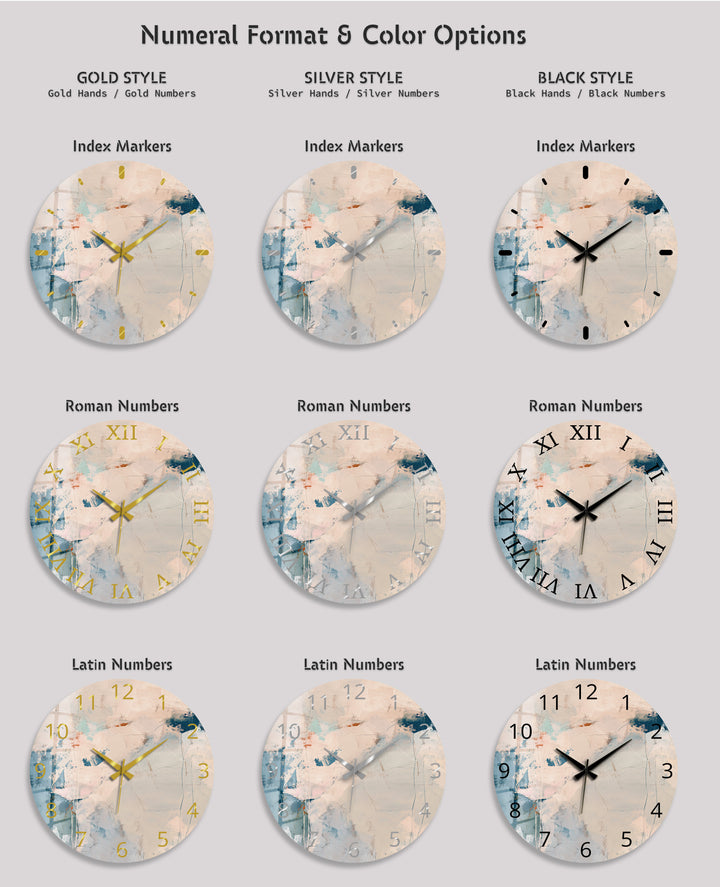 Neutral Abstract Glass Wall Clock – Beige and Blue Modern Decor