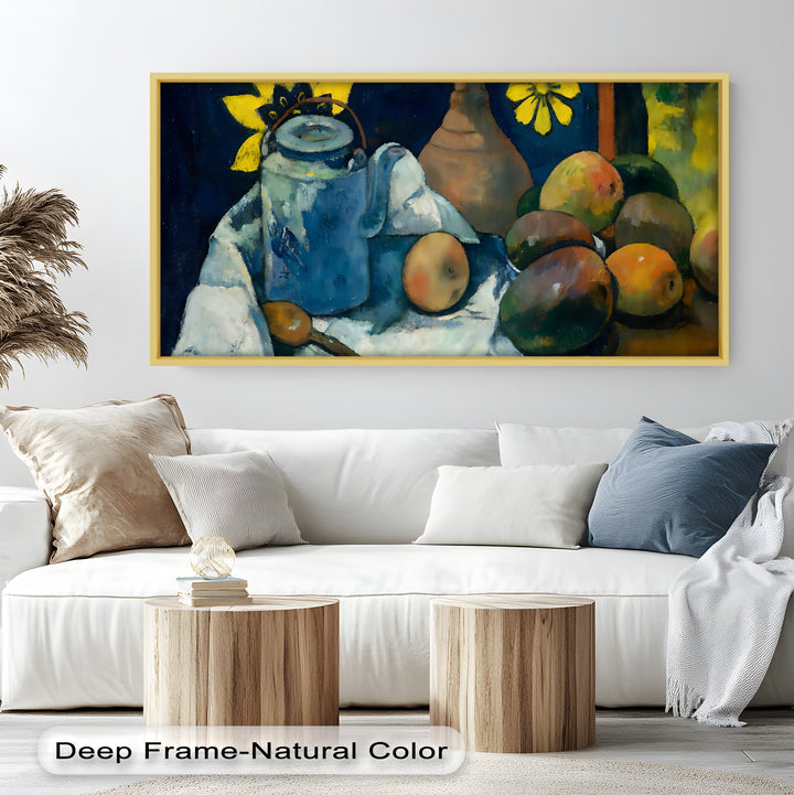 Rustikales Stillleben mit Mangos und Teekanne – Food Paintings