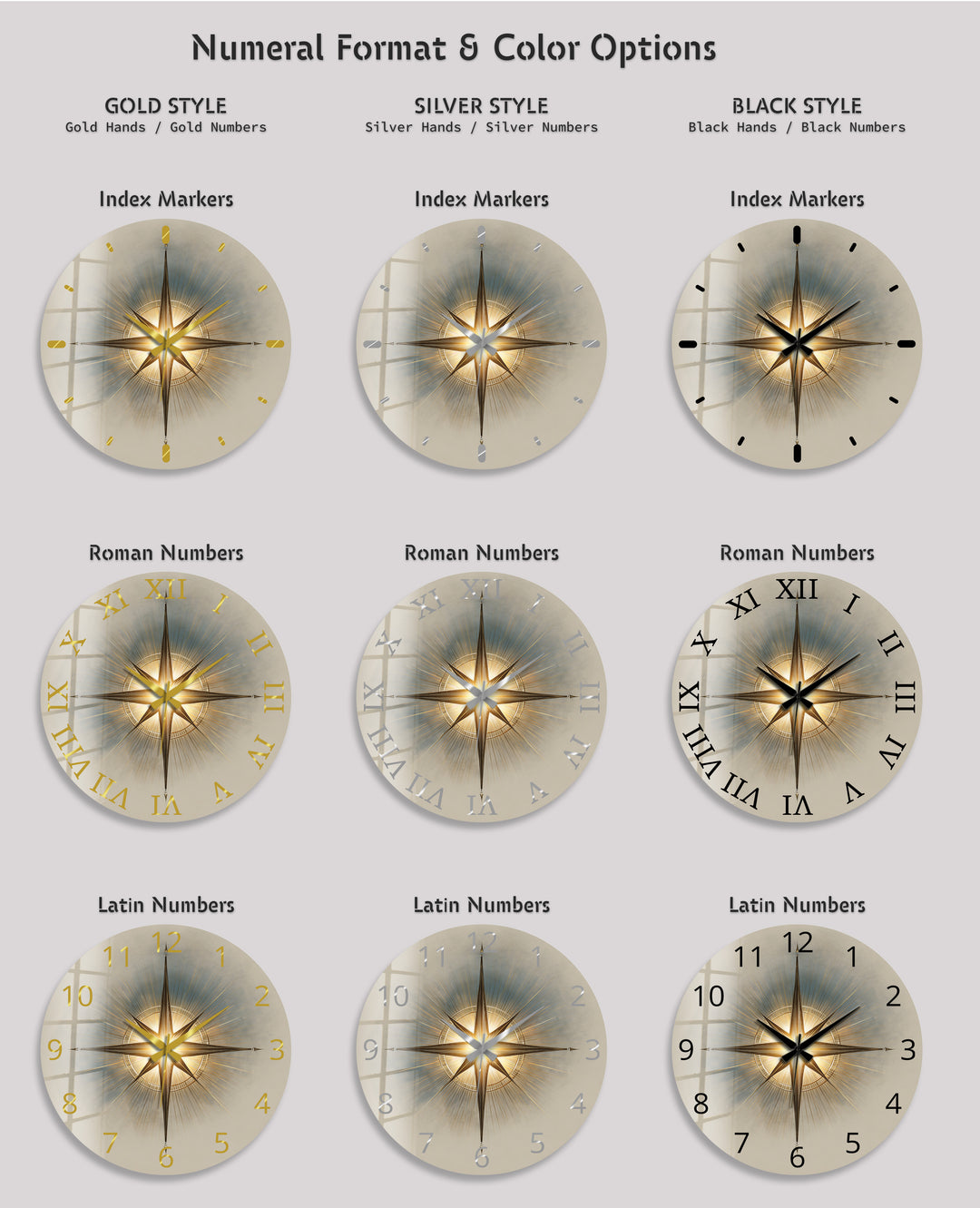 Gold Compass Rose Glass Wall Clock – Elegant Nautical Decor