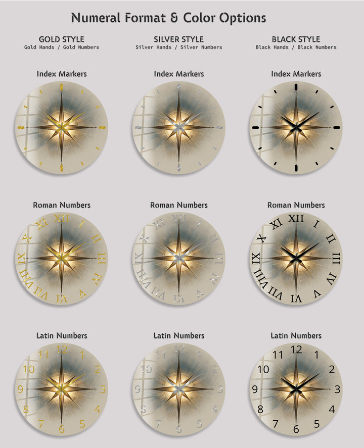 Gold Compass Rose Glass Wall Clock – Elegant Nautical Decor