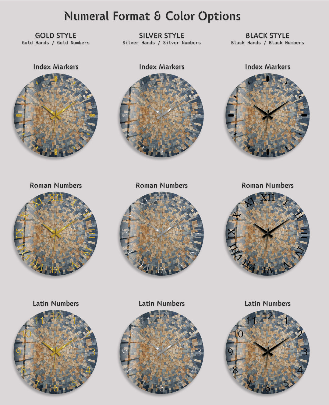 Blue Mosaic Glass Wall Clock – Beige Geometric Circle Art Decor