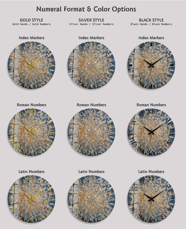 Blue Mosaic Glass Wall Clock – Beige Geometric Circle Art Decor