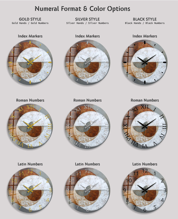 Rust and Gray Glass Wall Clock – Industrial Abstract Circle Art