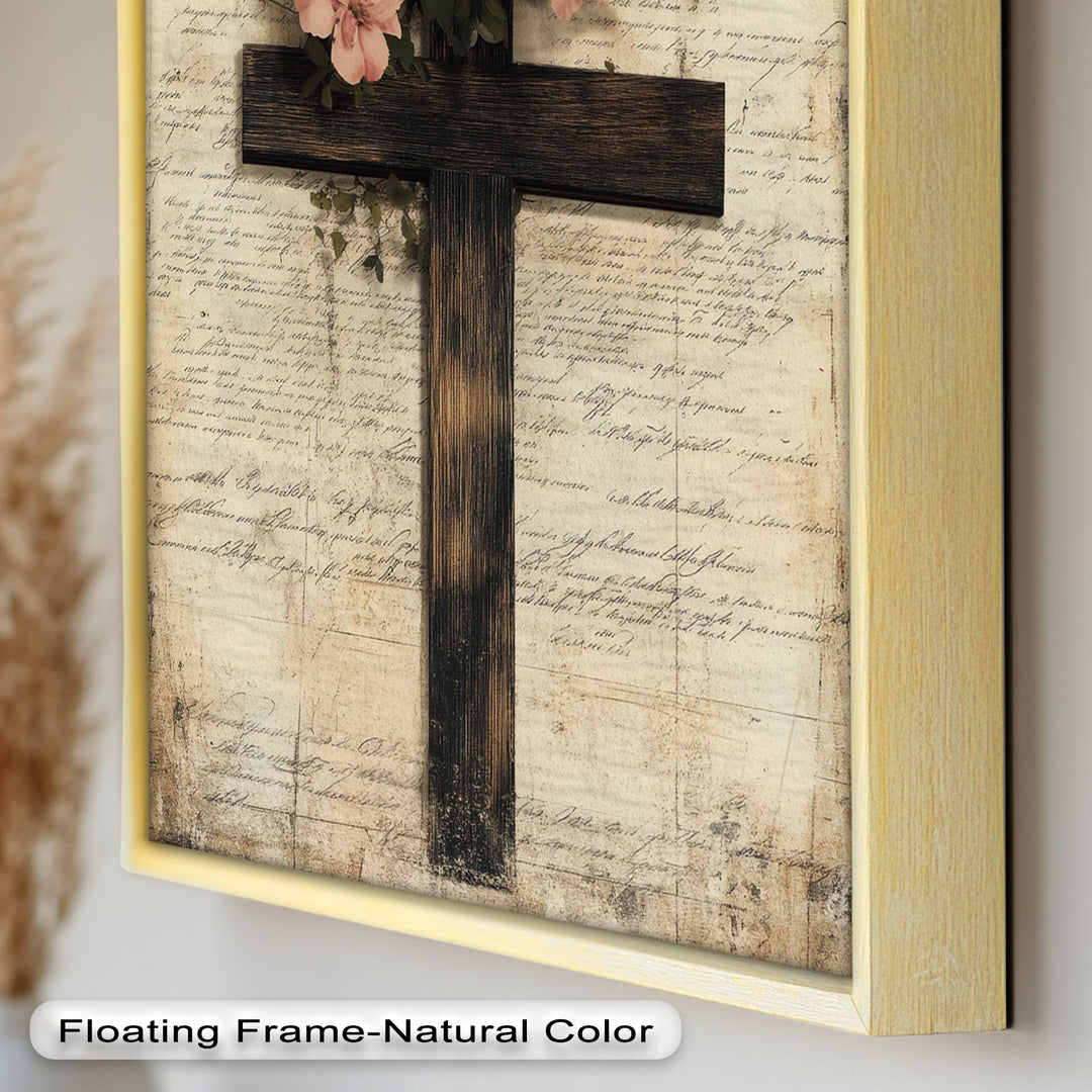 Holzkreuz mit rosa Blüten - Christliches Ölgemälde