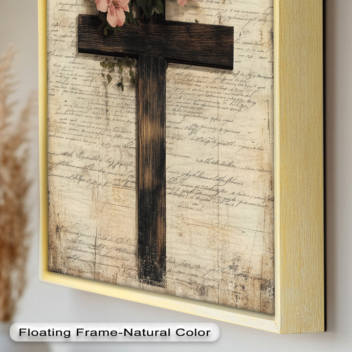 Holzkreuz mit rosa Blüten - Christliches Ölgemälde