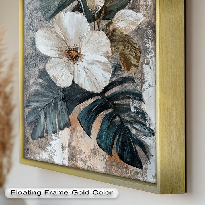 White Bloom and Tropical Leaves - Flower Oil Painting