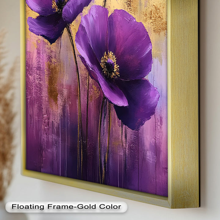 Velvet Blossoms – Purple Floral Elegance with Gold Flower Oil Painting