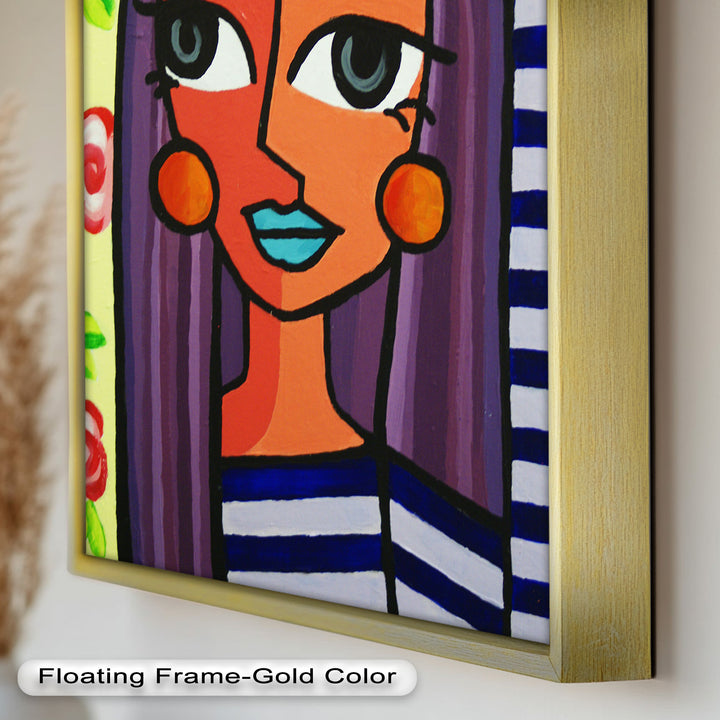 Striped Radiance – Playful Woman with Purple Hair Picasso Oil Painting