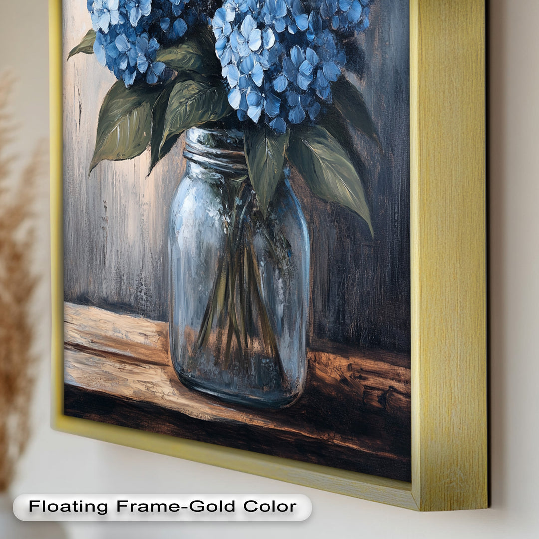 Blaue Gelassenheit – Hortensienblüten im Einmachglas, Blumenölgemälde