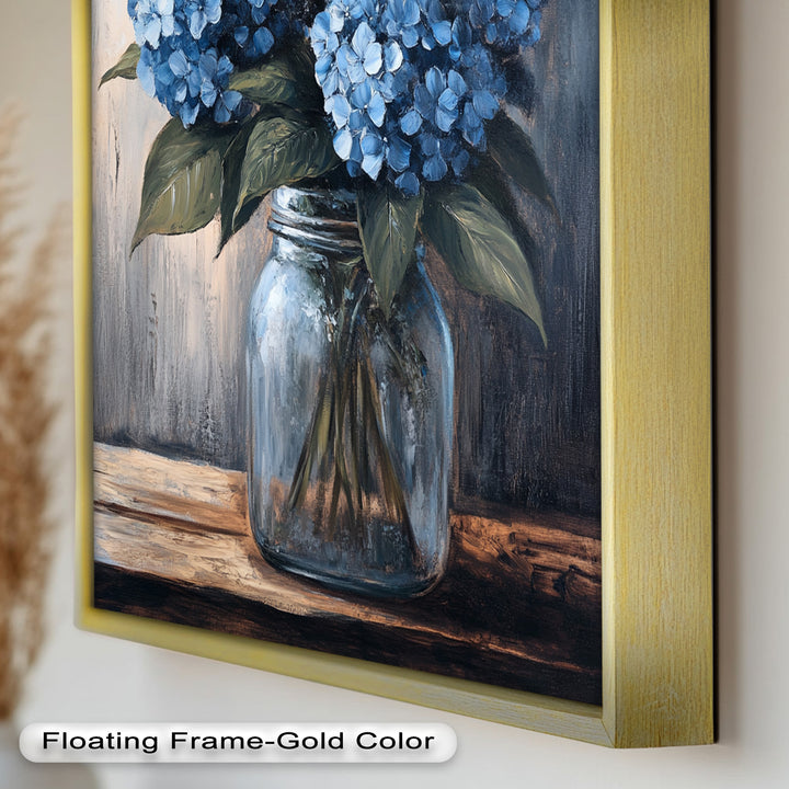 Blaue Gelassenheit – Hortensienblüten im Einmachglas, Blumenölgemälde