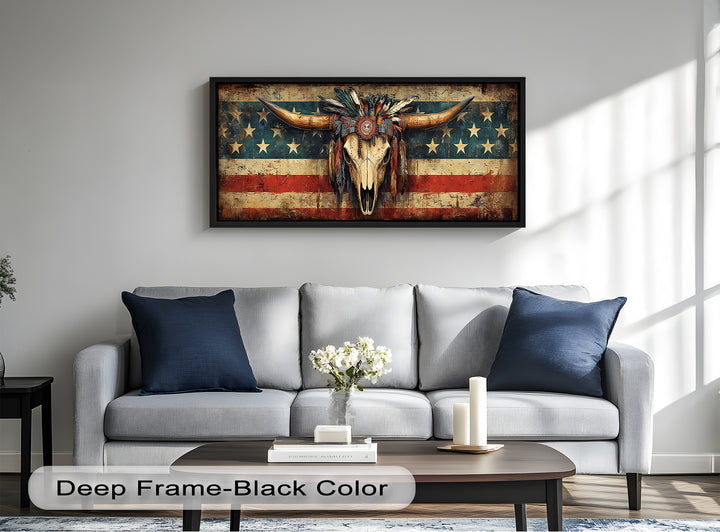 Tribal Longhorn Totenkopf mit Kopfschmuck – Amerikanisches Ölgemälde