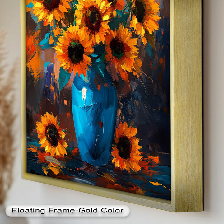Sunlit Joy – Bold Sunflowers in Blue Vase Oil Painting