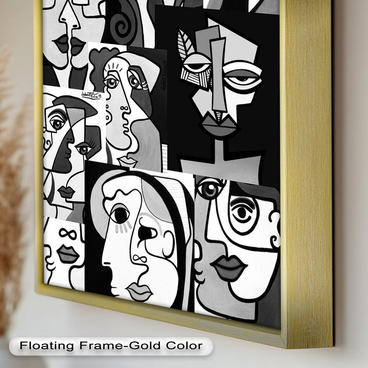 Monochrome Muse – Picasso-inspiriertes Ölgemälde mit kubistischen Gesichtern