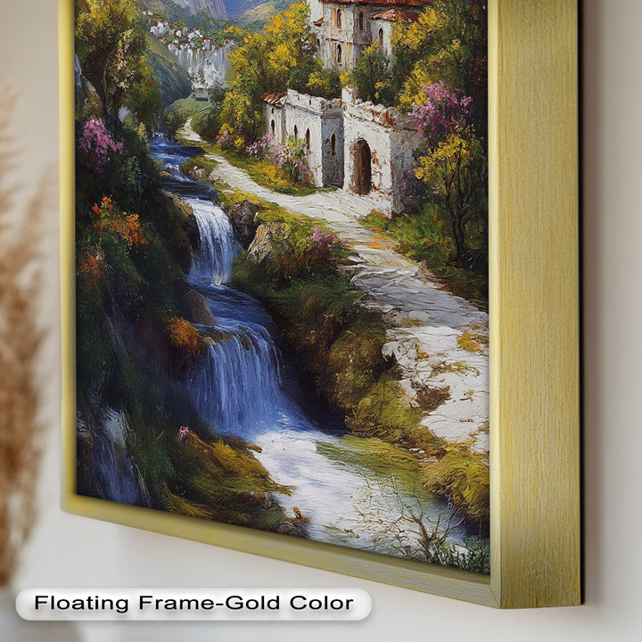 Mountain Abbey by the Falls – Serene Renaissance Oil Painting
