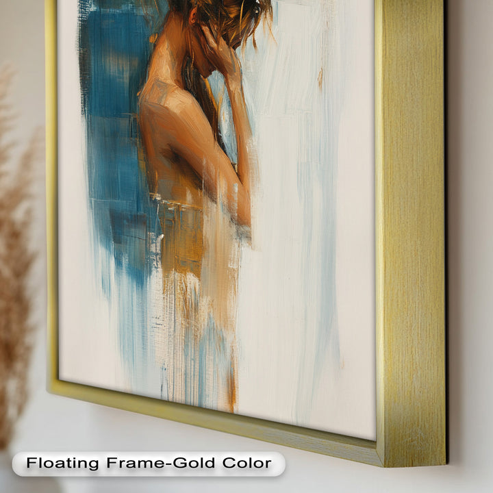 Veil of Thought – Introspective Woman in Blue and Gold Abstract Oil Painting
