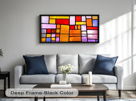A vibrant stained look design featuring bold geometric rectangles in shades of red, orange, yellow, and lavender.

