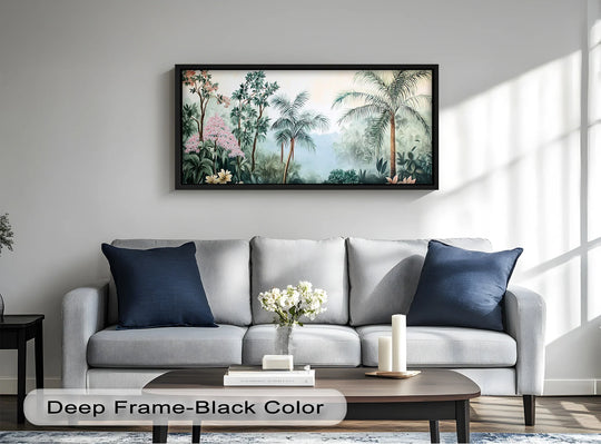 Featuring a muted palette of greens and blues, this modern oil painting art depicts a tranquil Jungle View – Tropical Floral Oil Painting with soft, dreamy colors.