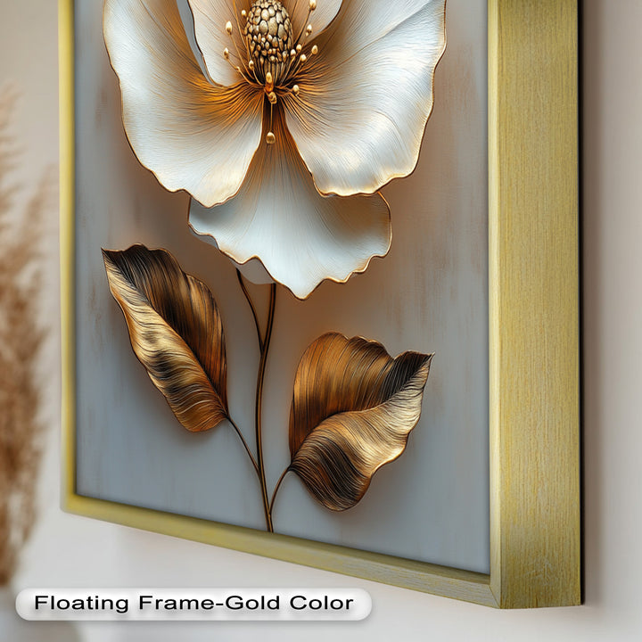 Golden Glow Bloom – White and Gold Flower Oil Painting
