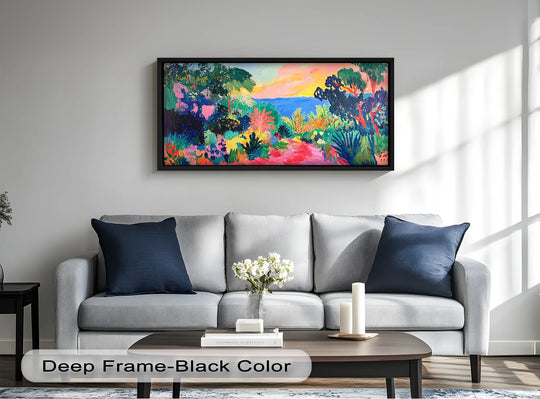 Featuring a black frame, the central subject is a beautiful oil painting artwork depicting a colorful path through a landscape in a Fauvist style.