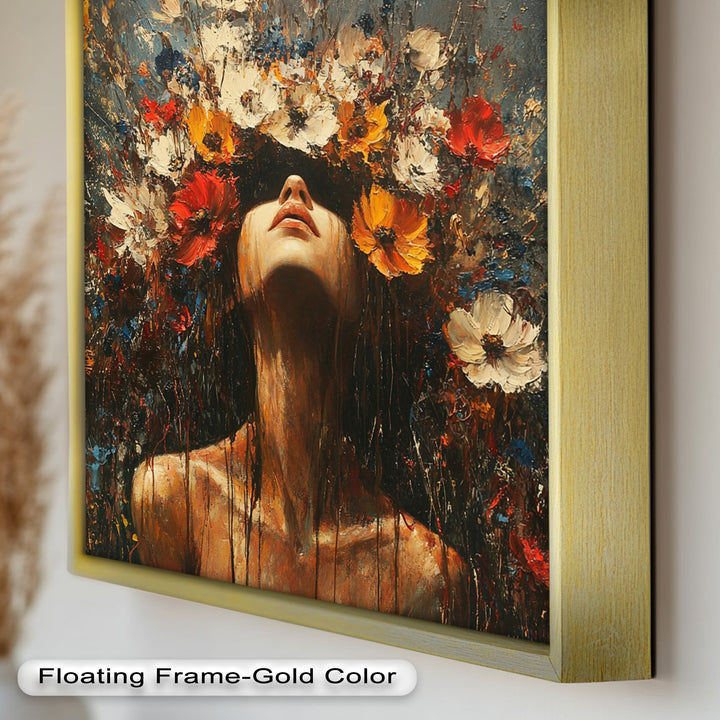 Floral Rebirth – Woman with Blossoming Crown Abstract Oil Painting