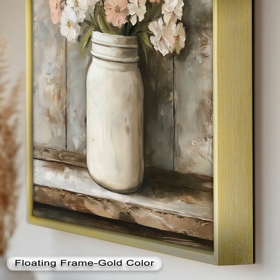Blush & Cream Blooms – Rustic Mason Jar Flower Oil Painting