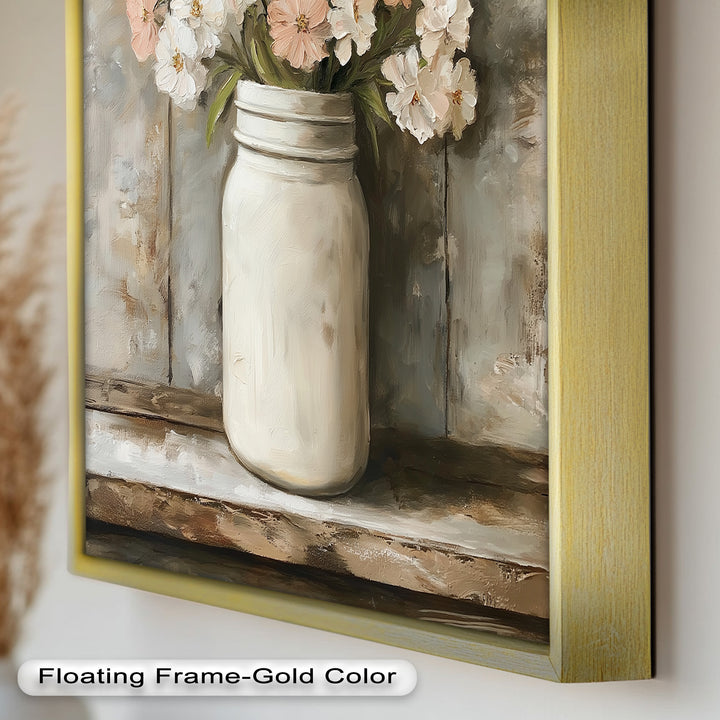 Blush & Cream Blooms – Rustic Mason Jar Flower Oil Painting