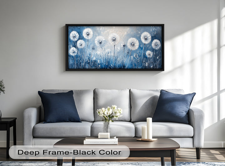 A peaceful and airy composition of dandelions swaying in a cool-toned field, evoking a sense of lightness and tranquility.