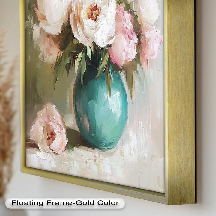 Blushing Peonies in Jade Vase – Romantic Flower Oil Painting