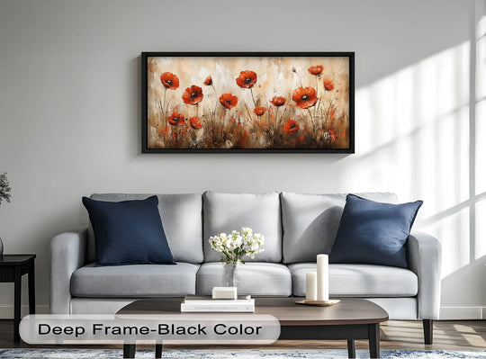 A deep black frame defines the borders of this vibrant red poppies oil painting art piece, enhancing its earth-toned harmony and adding a polished edge.