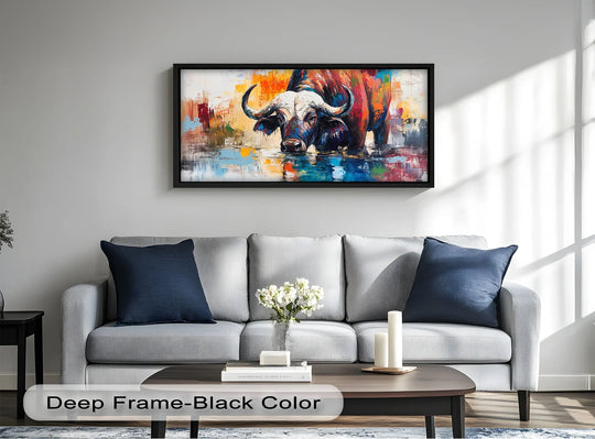 Softly reflected, the water buffalo emerges in a vibrant oil painting reproduction print, casting a gentle glow on the tranquil river's edge.