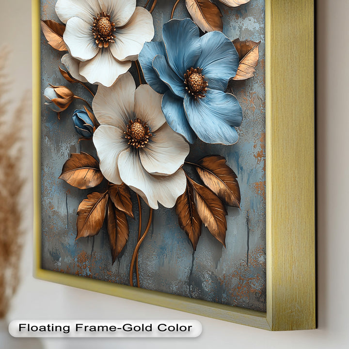 Gilded Petals – Luxuriöses Ölgemälde mit weißen und blauen Blumen