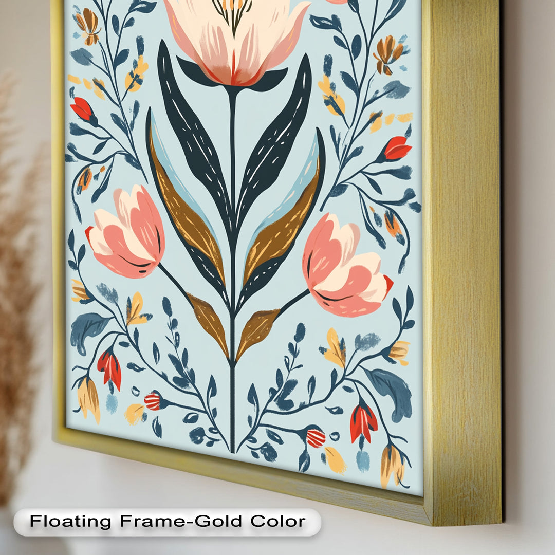 Folk-inspirierte Tulpenharmonie – Boho-Blumenölgemälde