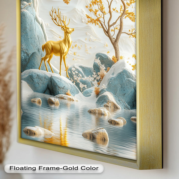 Golden Deer in Snowy Mountain - Animal Oil Painting
