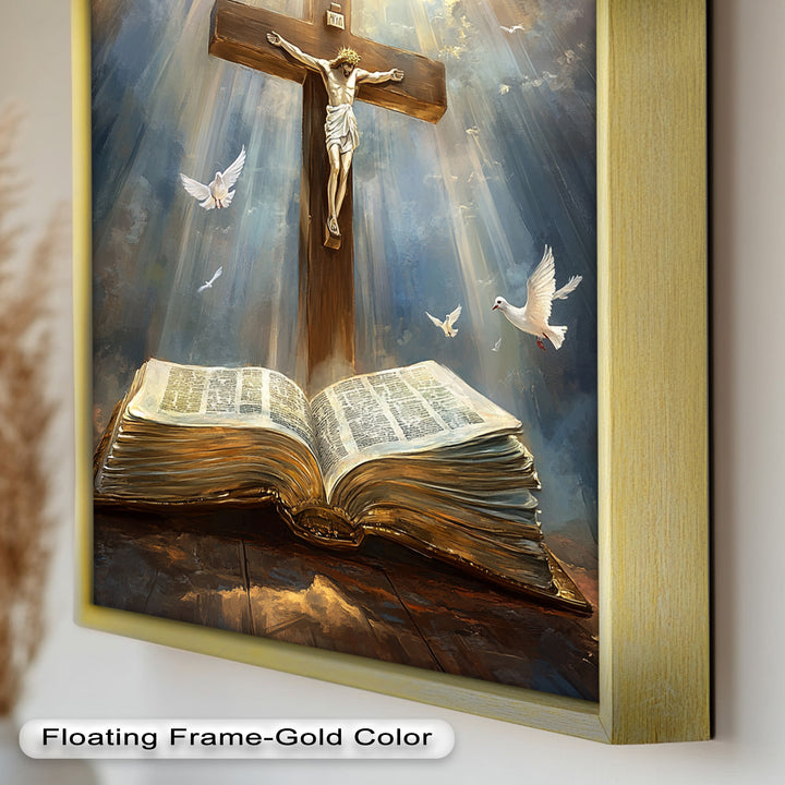 Jesus on the Cross with Open Bible and Doves - Oil Painting