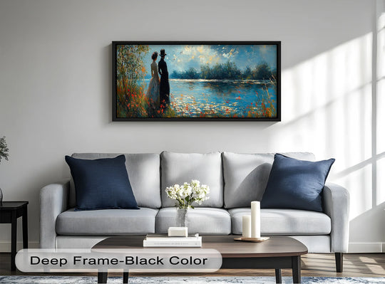 Impressionistic brushstrokes and colors create an abstract quality in this modern oil painting art depicting a romantic riverside scene with figures near the water.
