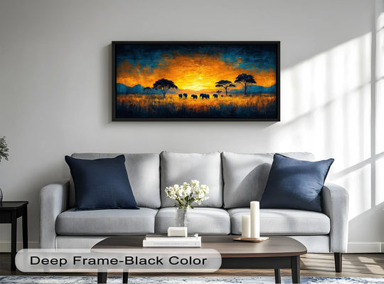 Featuring an abstract quality, the Golden Savannah Sunset oil painting art prints evokes serene warmth with vibrant brushstrokes depicting elephant silhouettes at dusk.