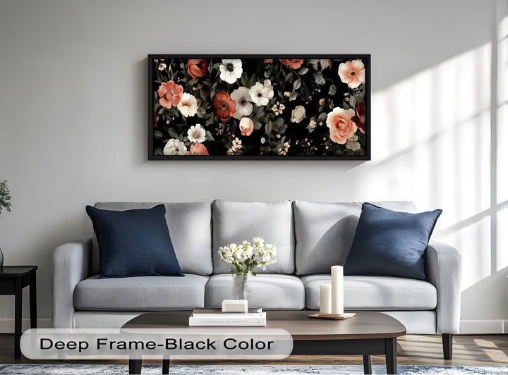 A richly detailed floral composition with pale ivory, coral, and crimson flowers blooming against a black backdrop.