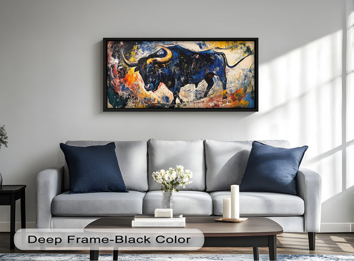 Fierce Blue Bull in Motion – Abstract Oil Painting